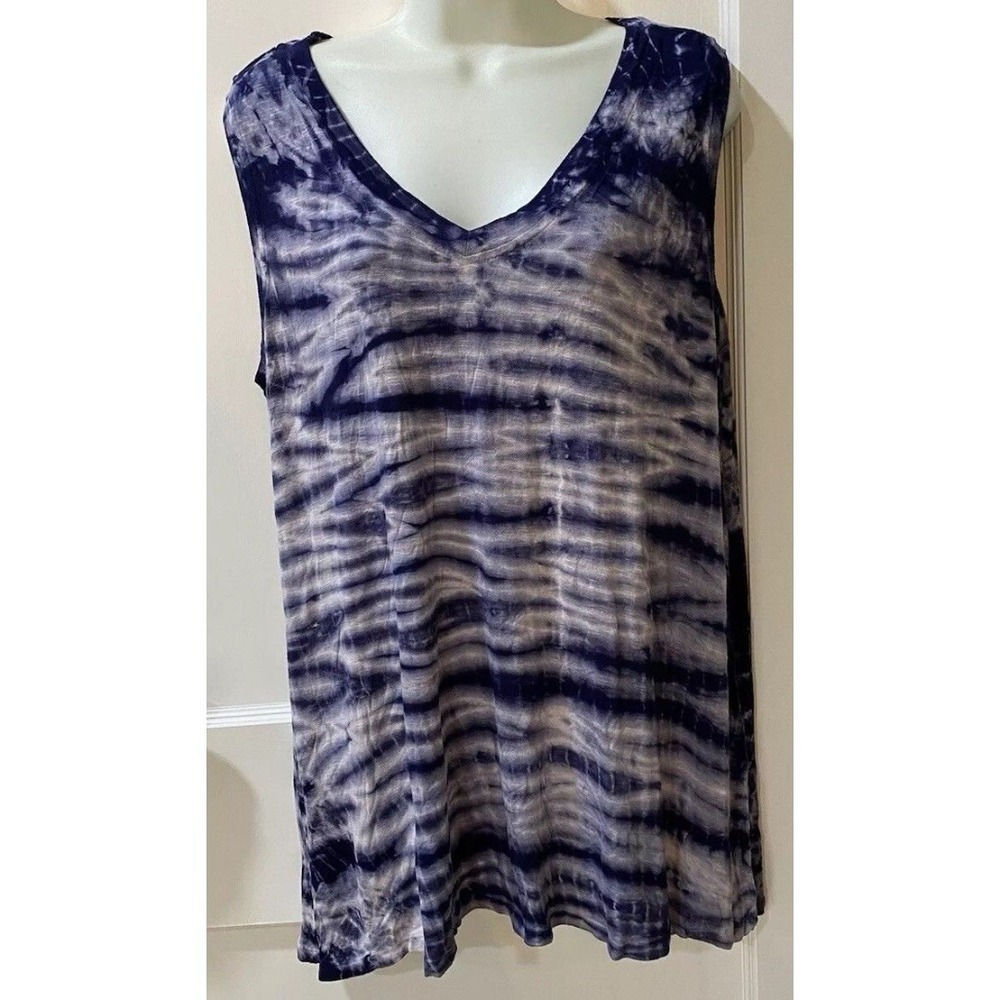 Max‎ Jeans Tank Top Blue Tie Dye Sleeveless V Neck Casual Blouse Womens Size L